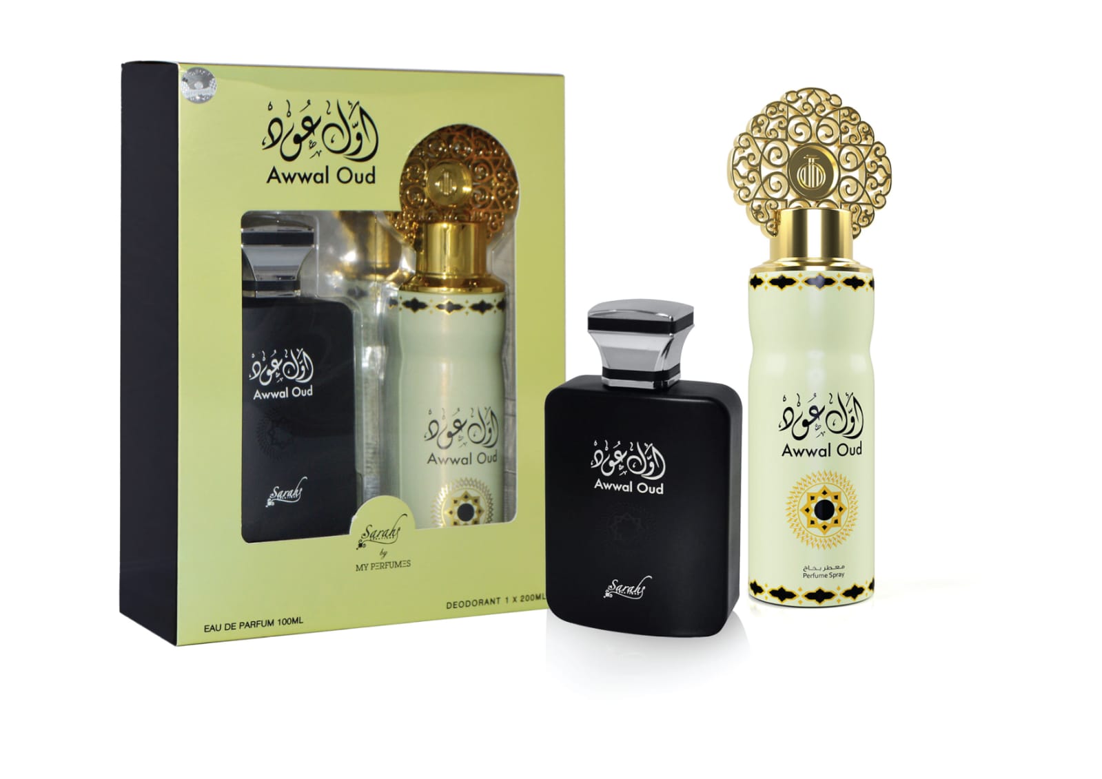 GIFT SET AWWAL OUD PERFUME 100ML + PERFUMED SPRAY 200ML - SARAH CREATIONS -DOZEN (12 pieces)