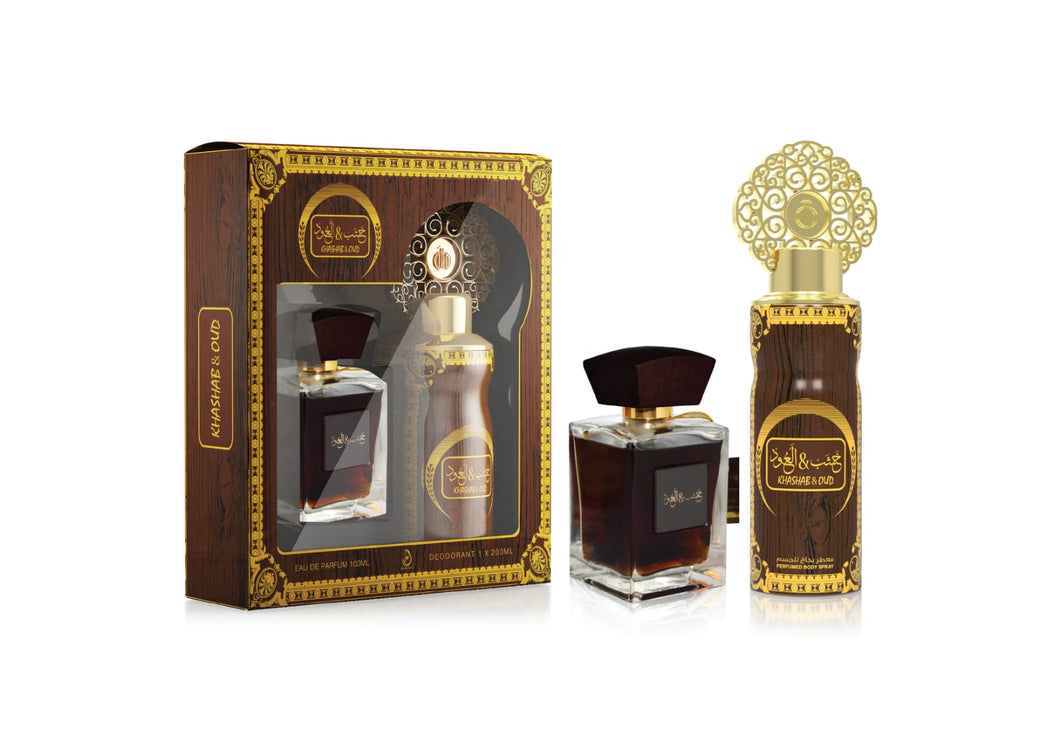 GIFT SET KHASHAB AND OUD PERFUME 100ML + PERFUME SPRAY 200ML- ARABIYAT - DOZEN (12 pieces)